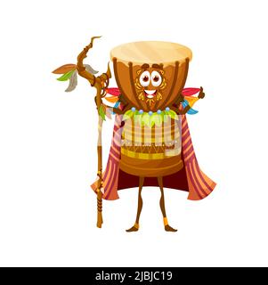 Caricature africaine tambour personnage sorcière, vecteur isolé djembe voodoo shaman porter cape avec des plumes tenant le personnel en bois. Drôle d'instrument de percussion tribale, conte de fées bongo tambour personnage musical Illustration de Vecteur