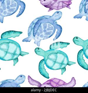 Aquarelle dessin à la main sans couture avec des animaux marins sous-marins coquillages poissons. Bleu-violet algues jellyfish, océan mer été vacances fond de plage, tissu turquoise imprimé Banque D'Images