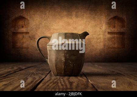 Vieux petit pot arabe vintage sur le dessus de la vieille table avec le vieux fond de bulding Banque D'Images