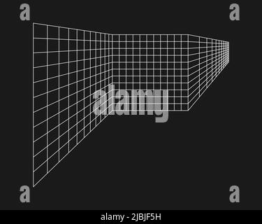 Cyber grid, tunnel rectangulaire rétro punk perspective. Géométrie du tunnel de la grille sur fond noir. Illustration vectorielle. Illustration de Vecteur