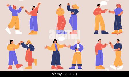 En colère, les gens sont en train de discuter avec des bulles. Concept de querelle, conflit entre deux personnages, couples. Illustration vectorielle plate avec des hommes et des femmes agressif dispute Illustration de Vecteur