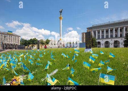 Kiev, Ukraine - 1 juin 2021: Herbe décorée avec de petits drapeaux nationaux près du Monument de l'indépendance à Kiev Banque D'Images