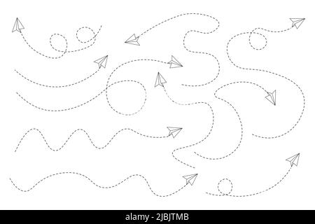 Ensemble d'éléments d'avion en papier à lignes pointillées Illustration de Vecteur