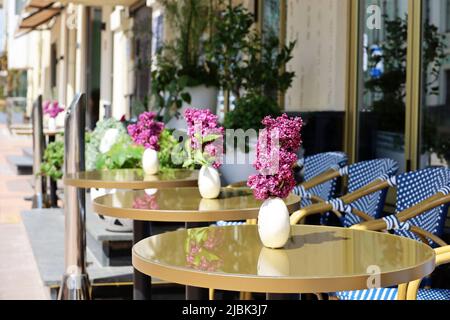 Street café avec des tables vides à l'extérieur, ville d'été. Vases de fleurs lilas sur des tables rondes et des chaises confortables Banque D'Images