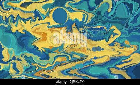 Texture numérique du marbre dans les tons bleu sarcelle et jaune. Peinture décorative à effet marbruant liquide. Papier peint créatif et tendance. Banque D'Images