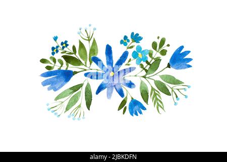 Petit bouquet de fleurs sauvages bleues. Illustration florale aquarelle Banque D'Images