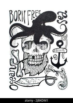 Dessin noir et blanc des pirates composition des attributs: Crâne, barbe, patch oculaire, pieuvre, ancre, tuyau et inscriptions Banque D'Images