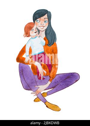 Dessin aquarelle d'une mère heureuse tenant et embrassant son enfant. Banque D'Images