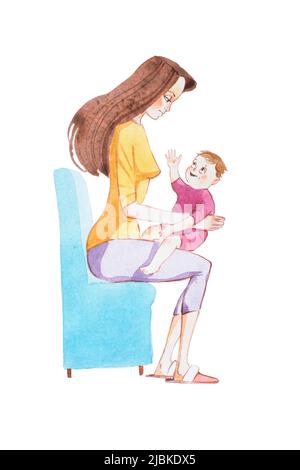 Dessin aquarelle d'un joli petit garçon souriant assis sur les genoux de sa mère. Banque D'Images