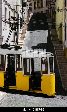 Vue latérale du funiculaire jaune vide de Bica à Lisbonne, Portugal - également connu sous le nom de Elevador da Bica Banque D'Images