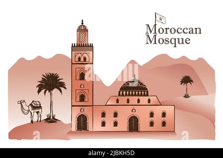 Mosquée marocaine, palmier, chameau, dunes du sahara. Image vectorielle. Carte postale touristique isolée, affiche, modèle de calendrier ou page de livre à colorier Illustration de Vecteur