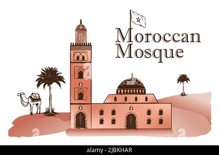 Mosquée marocaine, palmier, chameau, dunes du sahara. Image vectorielle. Carte postale touristique isolée, affiche, modèle de calendrier ou page de livre à colorier Illustration de Vecteur