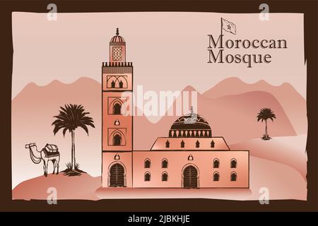 Mosquée marocaine, palmier, chameau, dunes du sahara. Image vectorielle. Carte postale touristique isolée, affiche, modèle de calendrier ou page de livre à colorier Illustration de Vecteur