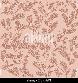 Motif de branche et de feuille marron vectoriel sans couture sur fond beige. Papier peint floral botanique dessiné à la main. Illustration de Vecteur