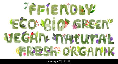 Ensemble de logo vert aquarelle. Feuilles, insignes, branches couronne, éléments végétaux. Peinture dessinée à la main. Étiquette d'affiche, ensemble d'emblèmes texturés. Design organique Banque D'Images