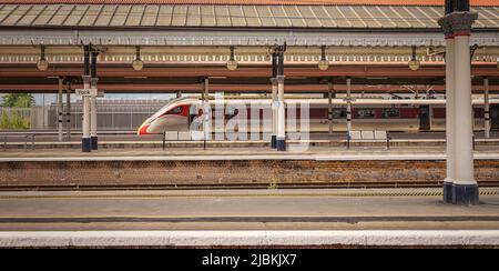 Un train moderne élancé et élégant repose sur une plate-forme de gare. Une voûte historique avec des colonnes est au-dessus et un membre d'équipage se tient près d'une porte. Banque D'Images