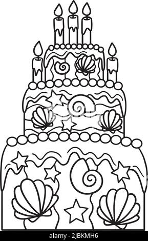 Page de coloriage isolée du gâteau d'anniversaire de la sirène Illustration de Vecteur