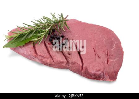 Steak de bœuf aux saveurs, romarin et feuille de Laurier. Isolé sur blanc, masque Banque D'Images
