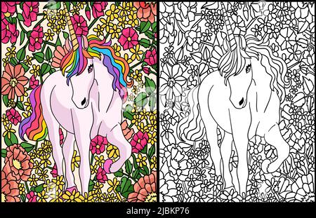 Licorne fleurs coloriage page pour adultes de couleur Illustration de Vecteur