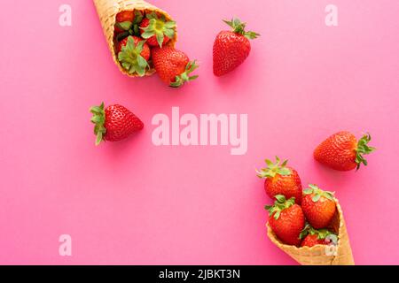 Vue de dessus des fraises fraîches avec des feuilles dans des cornets de gaufres sur fond rose Banque D'Images