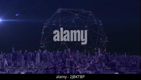 Image d'un réseau de connexions avec des icônes sur le paysage urbain Banque D'Images