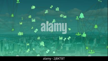 Image d'un réseau de connexions avec des icônes sur le paysage urbain Banque D'Images