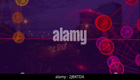 Image d'un réseau de connexions avec des icônes sur le paysage urbain Banque D'Images