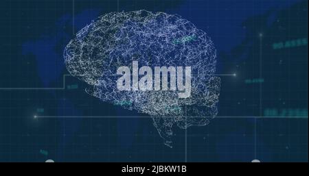 Image du cerveau tournant avec des connexions sur la carte du monde et diverses données Banque D'Images