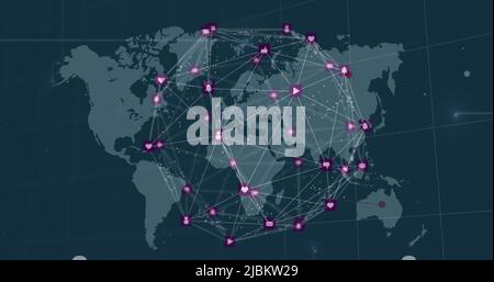 Image des connexions sur la carte du monde sur fond bleu marine Banque D'Images