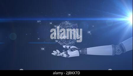 Image d'un réseau de connexions traitant les données à la main du bras du robot sur fond sombre Banque D'Images