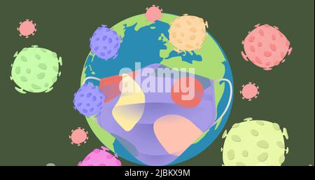 Image de la chute de covid 19 cellules sur le globe portant un masque facial Banque D'Images