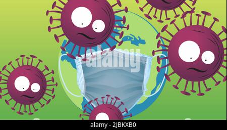 Image de la chute de covid 19 cellules sur le globe portant un masque facial Banque D'Images