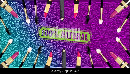 Image de texte 100 pour cent naturel avec rouge à lèvres et maquillage sur fond bleu et violet Banque D'Images