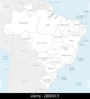 Carte vectorielle du Brésil avec les États et les divisions administratives, ainsi que les pays et territoires voisins. Calques modifiables et clairement étiquetés. Illustration de Vecteur