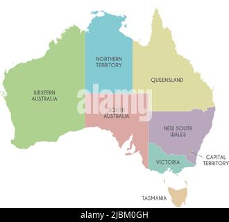 Carte vectorielle de l'Australie avec régions ou territoires et divisions administratives. Calques modifiables et clairement étiquetés. Illustration de Vecteur