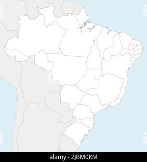 Carte vierge vectorielle du Brésil avec les États et les divisions administratives, ainsi que les pays et territoires voisins. Calques modifiables et clairement étiquetés. Illustration de Vecteur