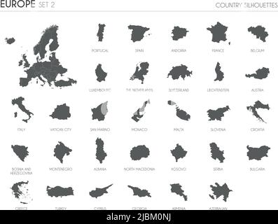 Ensemble de 30 cartes silhouettes hautes et détaillées des pays et territoires européens, et carte de l'illustration vectorielle de l'Europe. Illustration de Vecteur