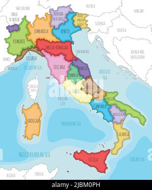 Carte vectorielle illustrée de l'Italie avec régions et divisions administratives, pays et territoires voisins. Modifiable et clairement étiqueté la Illustration de Vecteur