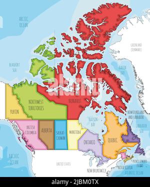 Carte vectorielle illustrée du Canada avec les provinces et les territoires, les divisions administratives et les pays et territoires voisins. Modifiable et Illustration de Vecteur