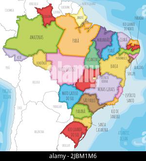 Carte vectorielle illustrée du Brésil avec les États et les divisions administratives, ainsi que les pays et territoires voisins. Modifiable et clairement étiqueté la Illustration de Vecteur