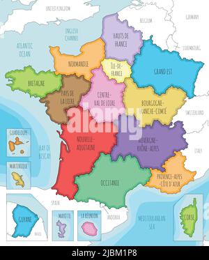 Carte vectorielle illustrée de la France avec les régions et territoires, les divisions administratives et les pays voisins. Modifiable et clairement étiqueté l Illustration de Vecteur