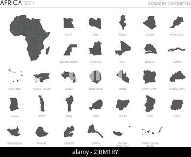 Ensemble de 30 cartes silhouettes hautes et détaillées des pays et territoires africains, et carte de l'illustration vectorielle de l'Afrique. Illustration de Vecteur