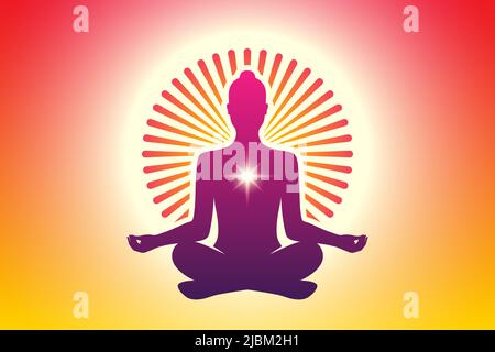 Méditant la femme de yoga dans une pose de lotus avec un halo de soleil ornemental rond sur un fond de ciel orange. Méditation, spirituelle, fond de vecteur de relaxation. Illustration de Vecteur