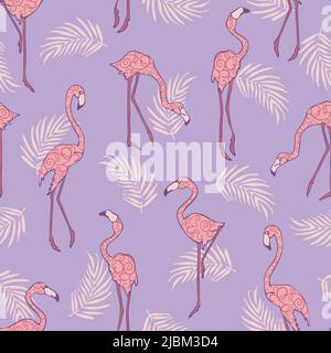 Motif vectoriel sans couture avec oiseau tropical sur fond violet. Papier peint flamant texturé. Tissu décoratif été sympa mode. Illustration de Vecteur