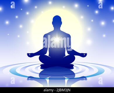 Méditant homme assis paisiblement dans une posture de lotus sur l'eau, sur un fond mystique bleu ciel de nuit avec des étoiles et la lune. Méditation, bannière vecteur de relaxation spirituelle. Illustration de Vecteur