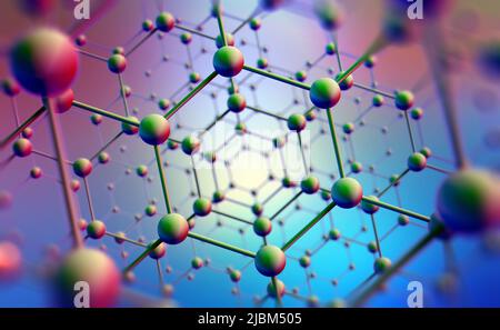 La nanotechnologie dans les sciences modernes. Technologies futures dans l'étude de la structure des nanomatériaux. 3D illustration de la grille atomique sur un fond de haute technologie Banque D'Images