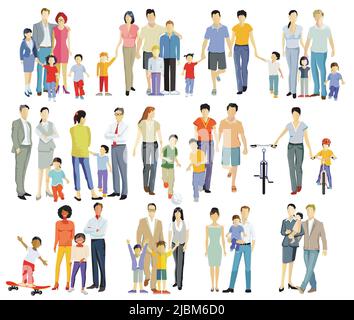 Parents et enfants, groupes familiaux isolés sur blanc, illustration Illustration de Vecteur