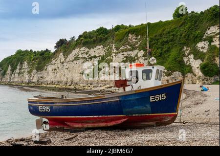 Maquereau bateaux de pêche sur la plage à Beer, Devon, Angleterre Banque D'Images