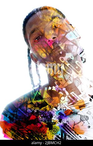 Peinture. Dessin abstrait coloré fusionné avec un portrait Banque D'Images