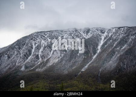 Sommets enneigés des montagnes du nord de la chaîne de Chui le matin, Altai, au sud de la Sibérie occidentale de la Russie Banque D'Images